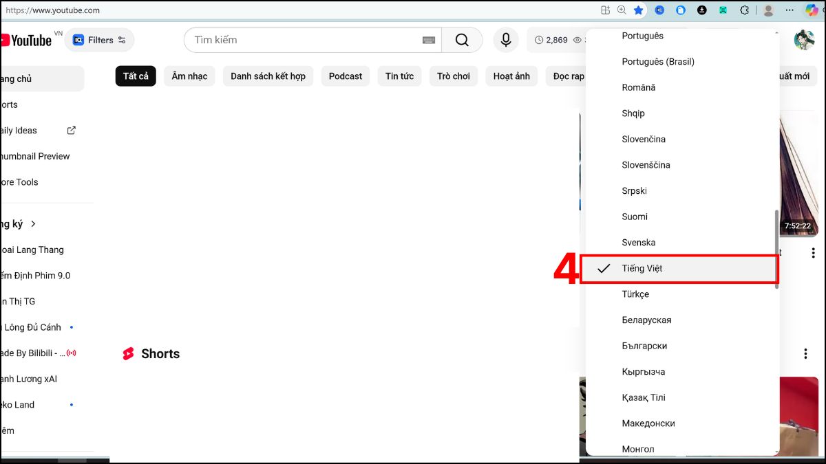 Chọn ngôn ngữ muốn thay đổi