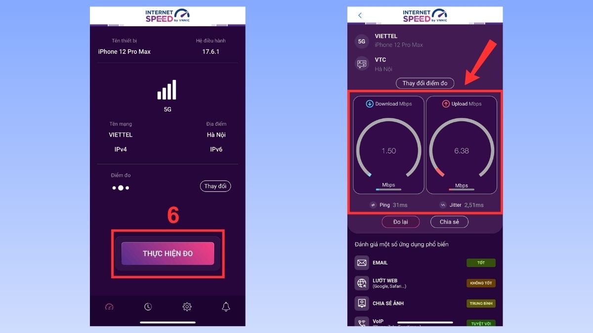 Tiến hành đo tốc độ mạng 4G và xem kết quả