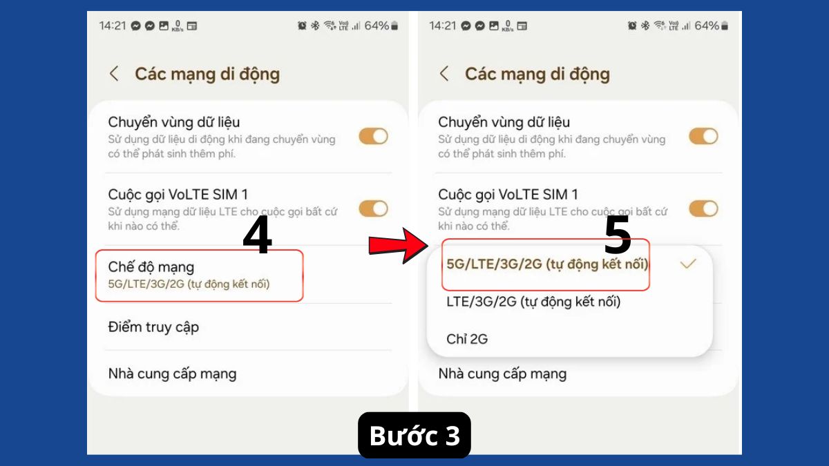 Chọn 5G/LTE/3G/2G (tự động kết nối)