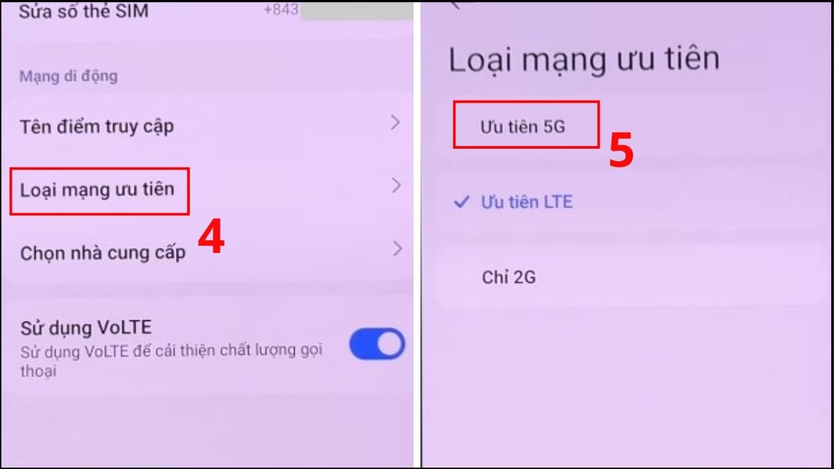 Nhấn chọn Loại mạng ưu tiên