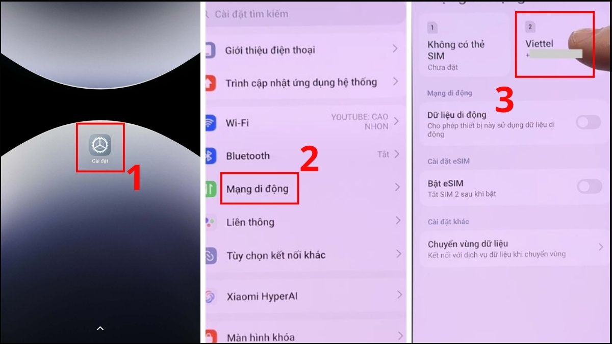 Mở Cài đặt và Mạng di động