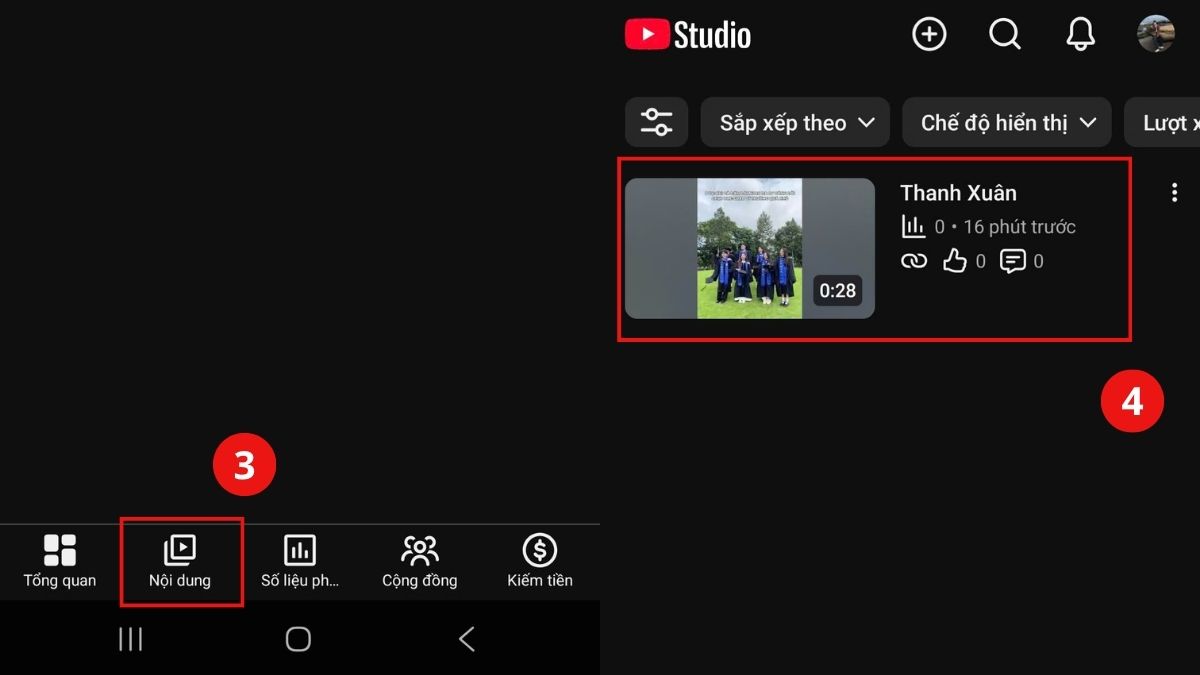 Tìm Nội dung và chọn vào video muốn bật bình luận