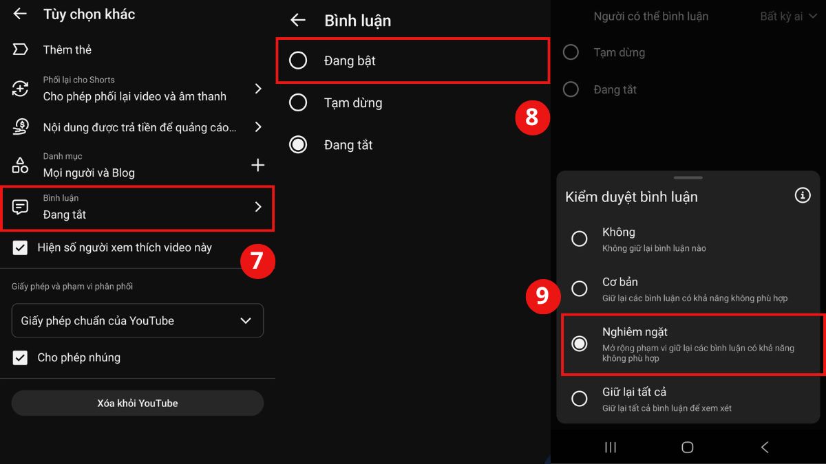 Tìm đến mục Bình luận và chọn Đang bật