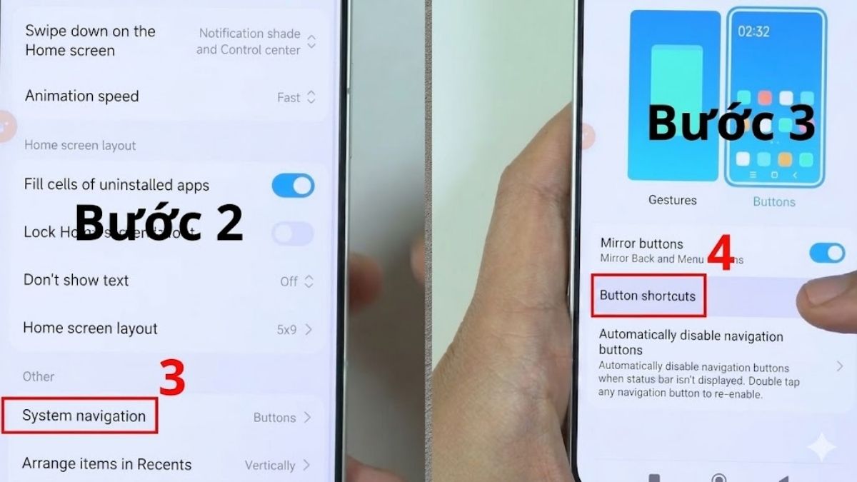 Nhấn vàp System Navigation và Button shortcuts