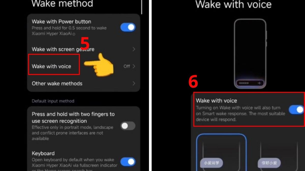 Chọn tiếp Wake with voice và gạt ON