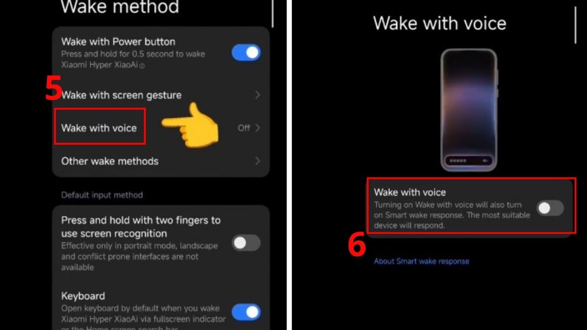 Chọn Wake with voice và gạt sang OFF