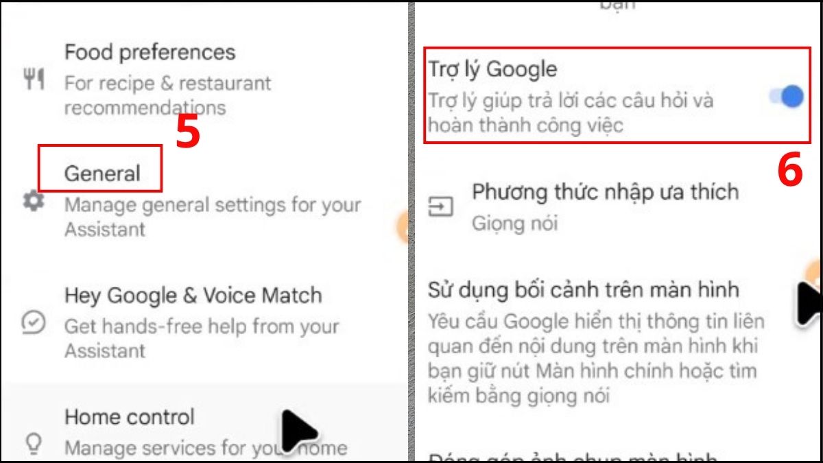 Vào General và bật Trợ lý Google