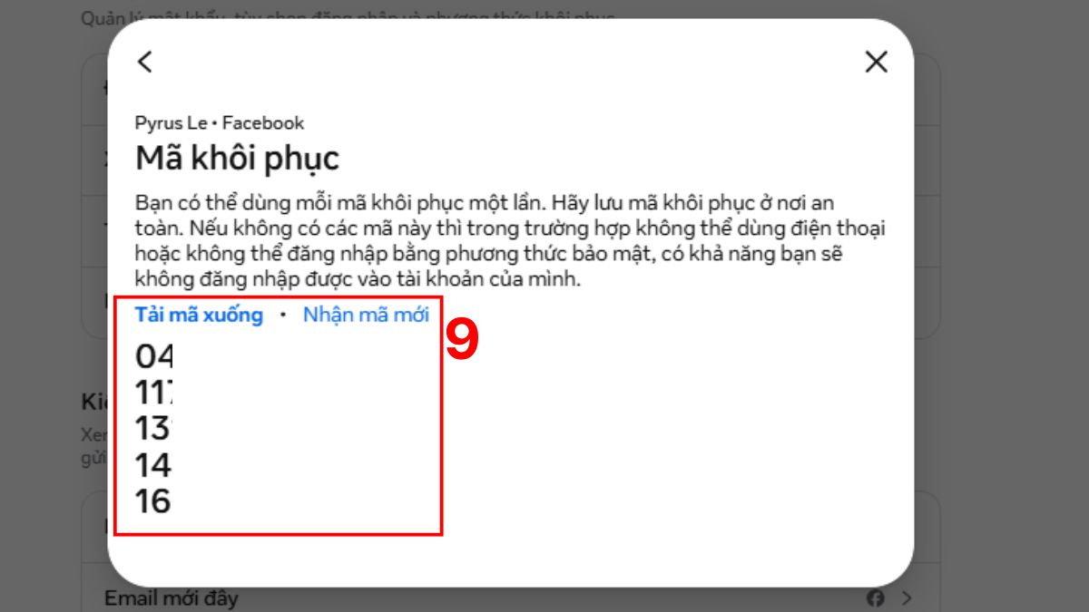 Sao chép, tải mã khôi phục xuống