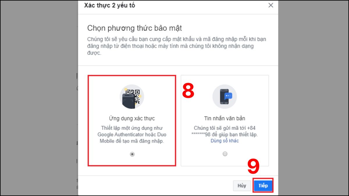Chọn ứng dụng xác thực và bấm Tiếp