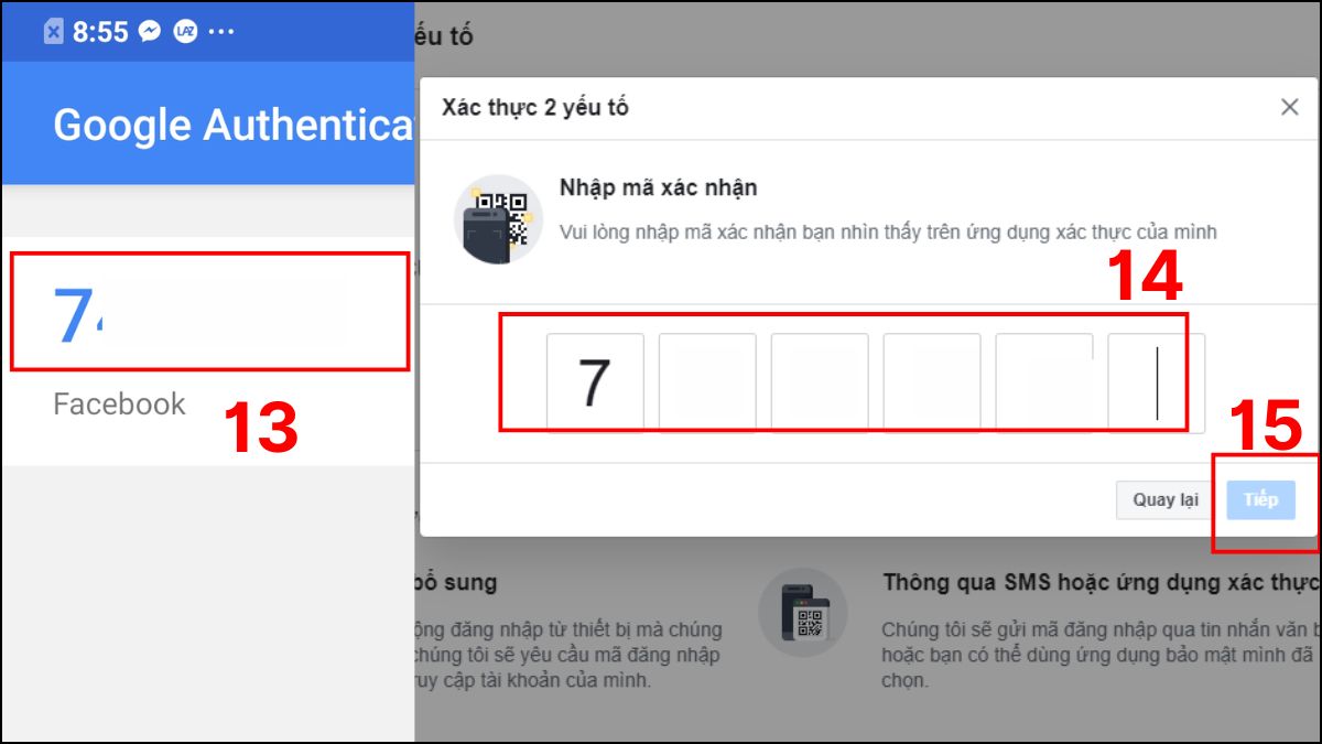 Nhập mã 6 số hiển thị vào ô trên Facebook