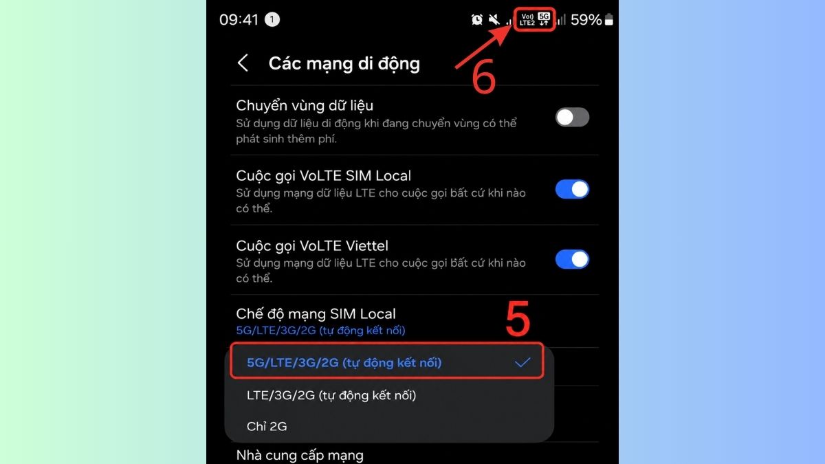 Thao tác bật lại mạng 5G/LTE