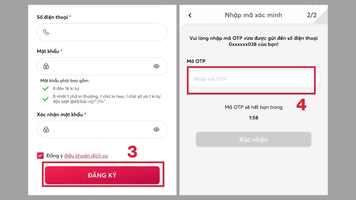 Nhập thông tin đăng nhập cần thiết và mã OTP