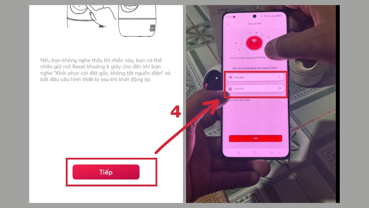 Chọn Tiếp và nhập mật khẩu WiFi