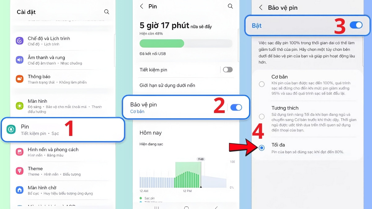 Thao tác bật tính năng Bảo vệ pin