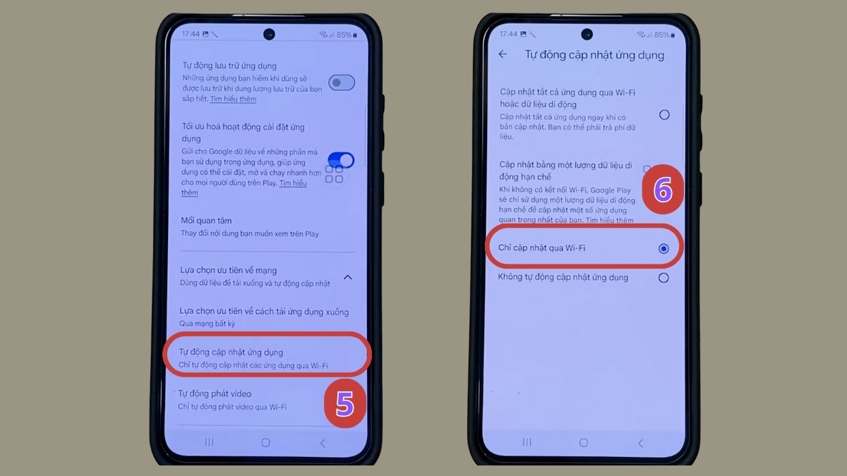 Tích chọn mục Chỉ qua Wi-Fi để tự động cập nhật app
