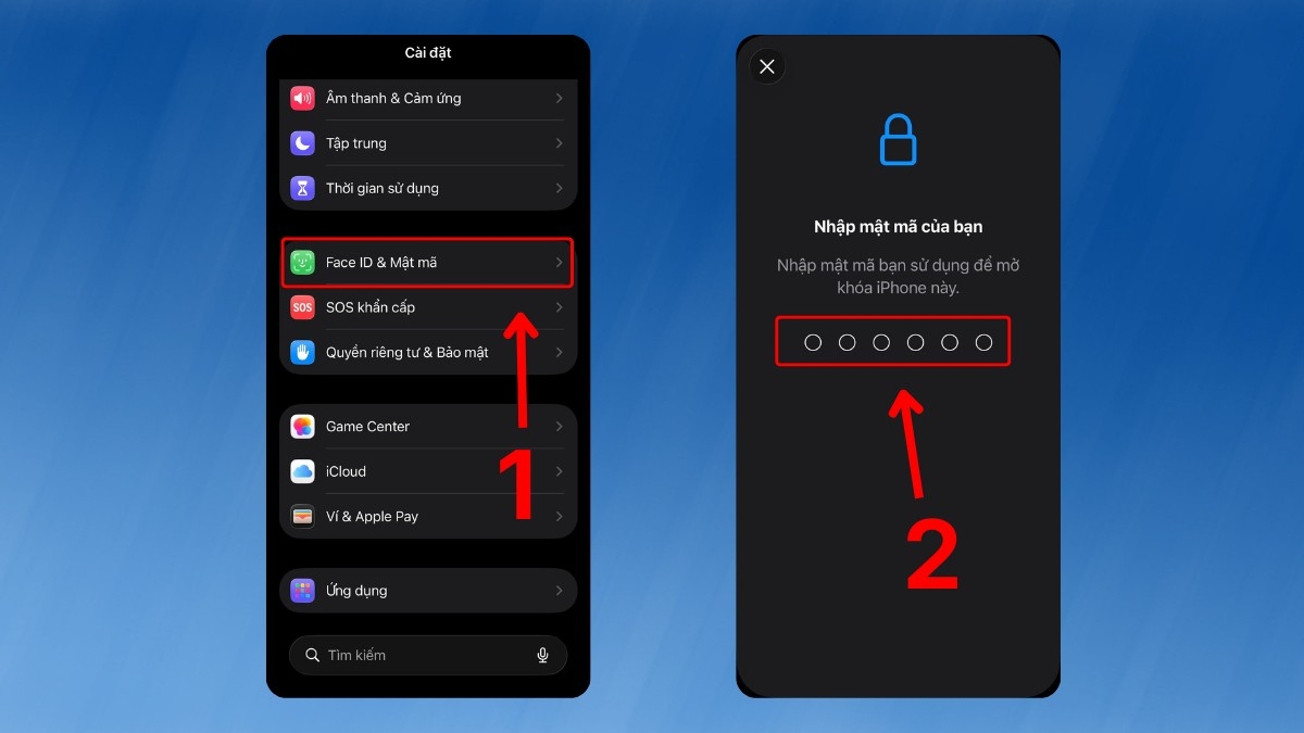 Nhập mã bảo mật để truy cập cài đặt Face ID