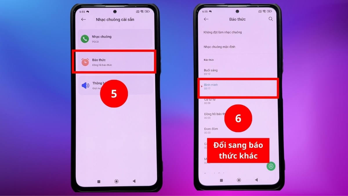Click vào Báo thức và đổi sang âm báo thức