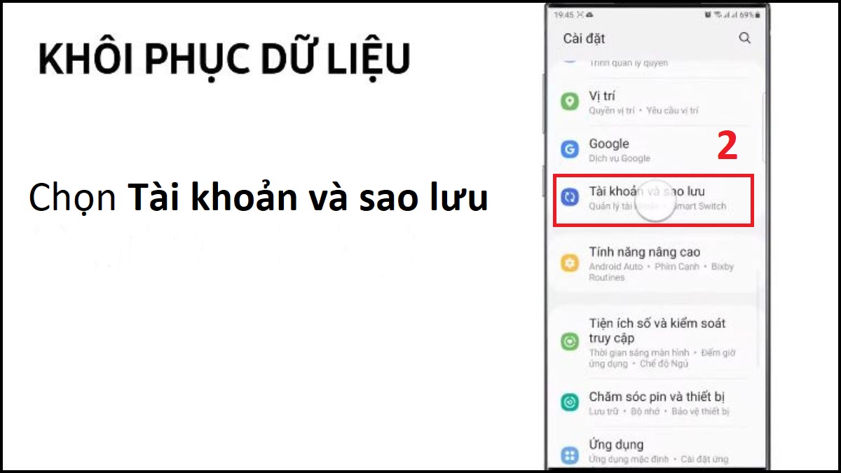 Chọn Tài khoản và sao lưu
