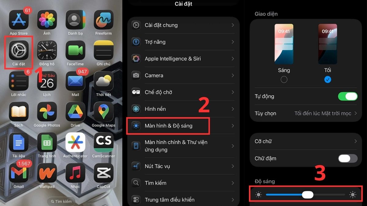 Truy cập vào Màn hình & Độ sáng và bắt đầu điều chỉnh độ sáng