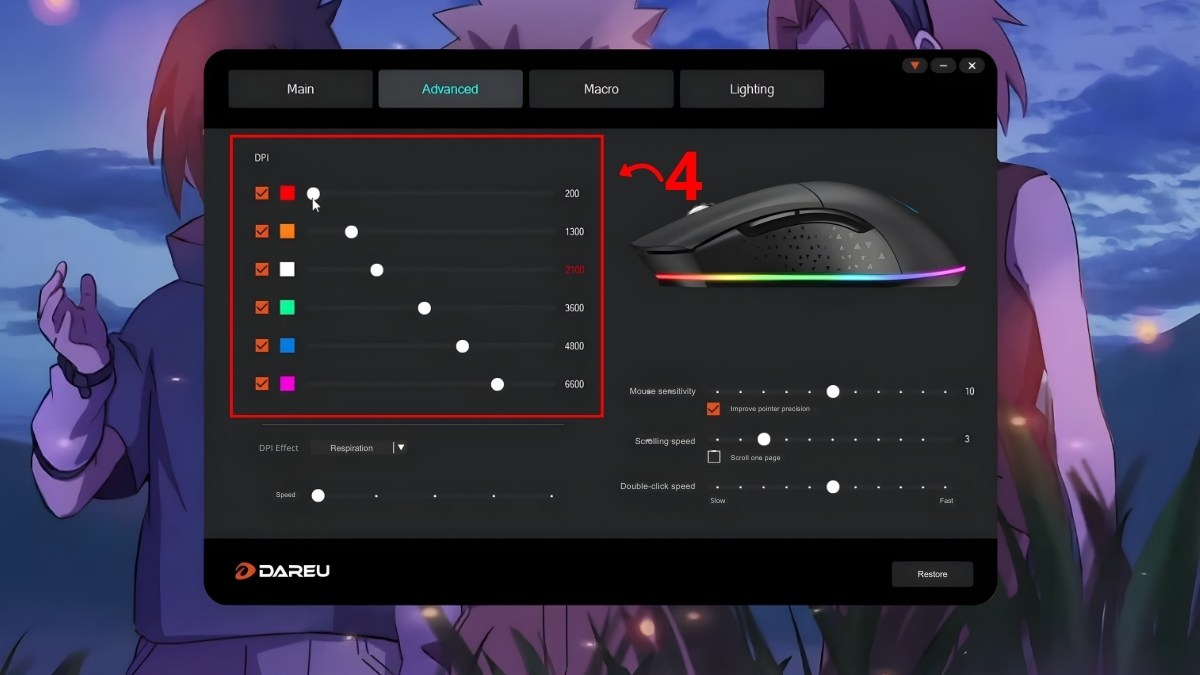 Thao tác điều chỉnh mức DPI của chuột DareU