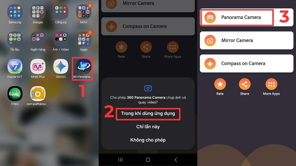 Thao tác thực hiện chụp ảnh 360 độ qua ứng dụng 360 Panorama Camera