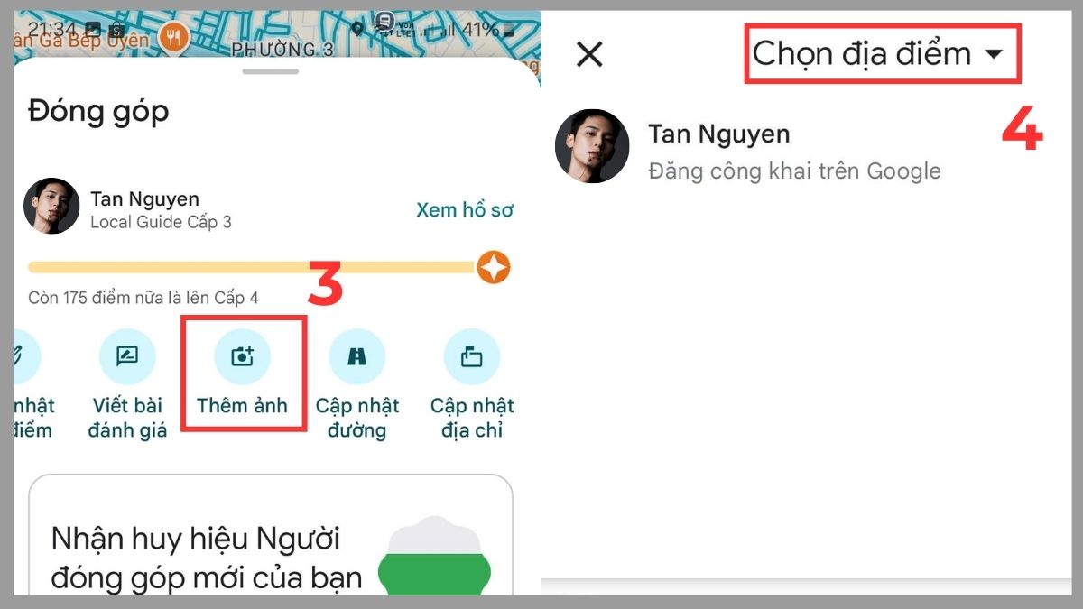 Chọn Thêm ảnh và Chọn địa điểm