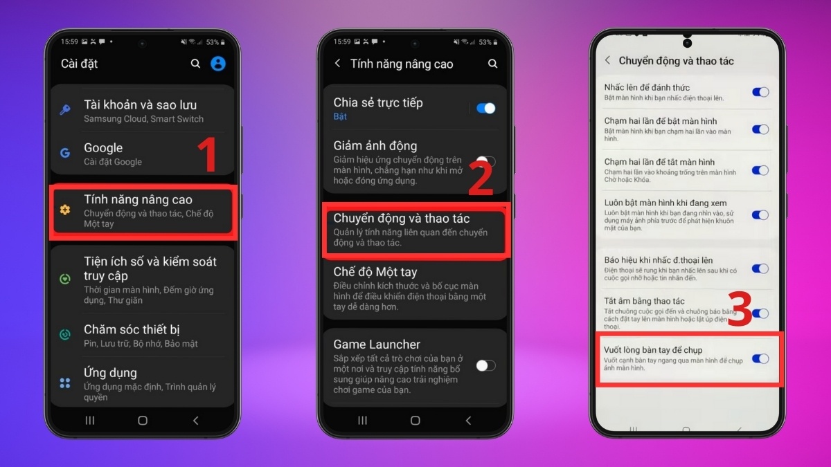Bật tính năng Vuốt lòng bàn tay để chụp