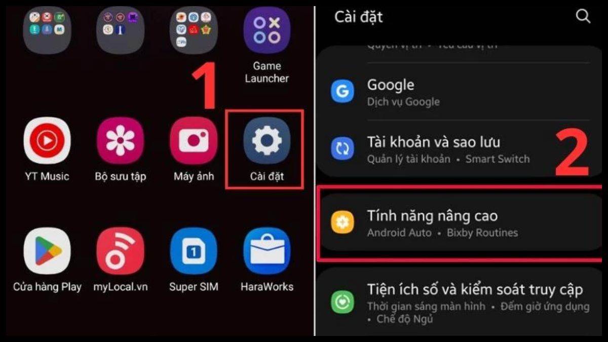Vào mục Cài đặt và Tính năng nâng cao