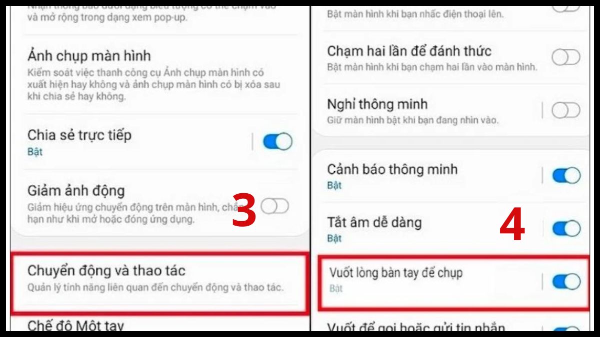 Chọn vào mục Chuyển động và cửa chỉ và bật tính năng Vuốt lòng bàn tay để chụp