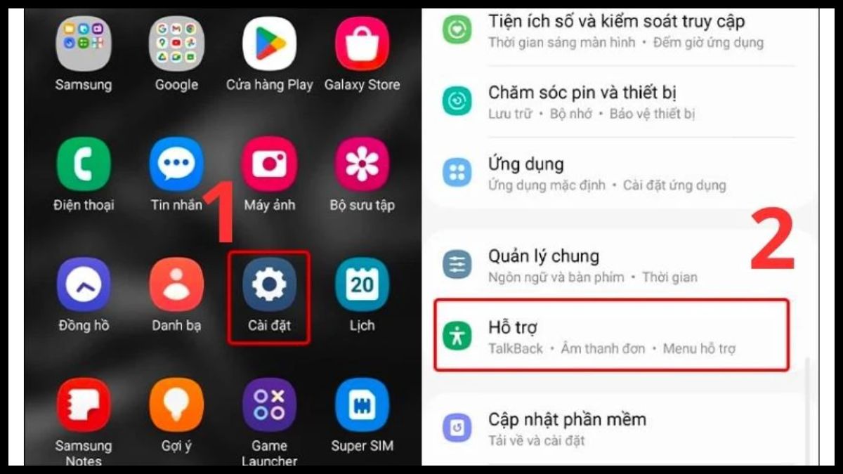 Truy cập đến mục Hỗ trợ trong Cài đặt