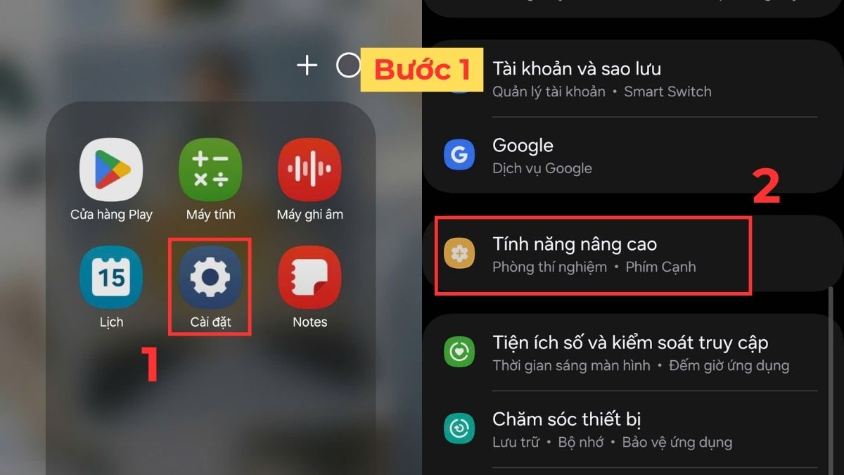 Truy cập Tính năng nâng cao trong phần Cài đặt