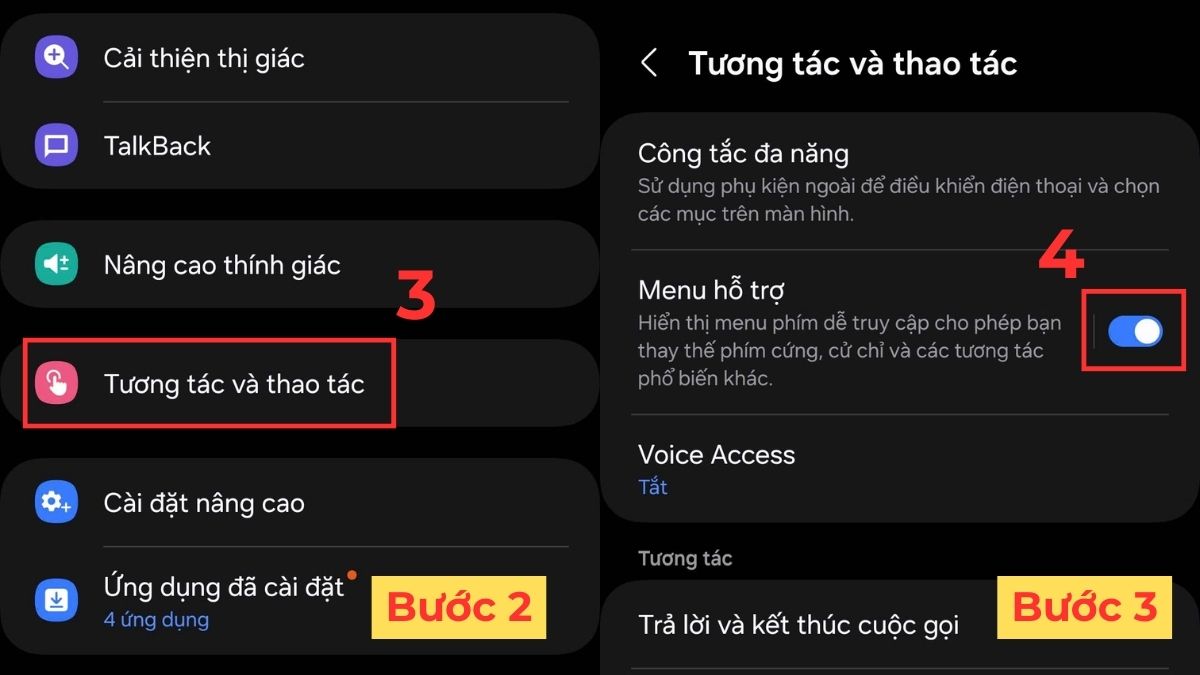 Bật Menu hỗ trợ trong mục Tương tác và thao tác