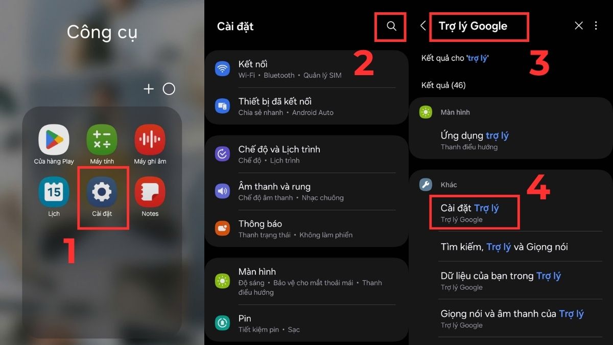Tìm đến mục Cài đặt Trợ lý trong mục Cài đặt
