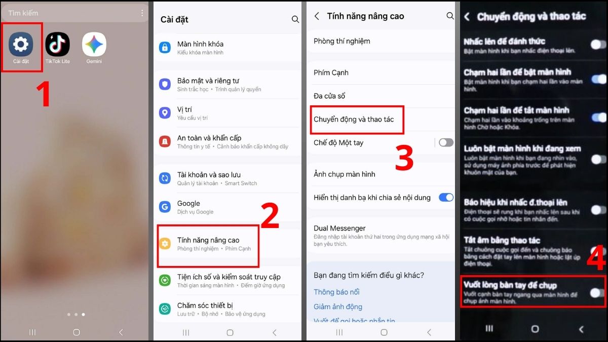 Thao tác bật tính năng chụp màn hình bằng vuốt lòng bàn tay