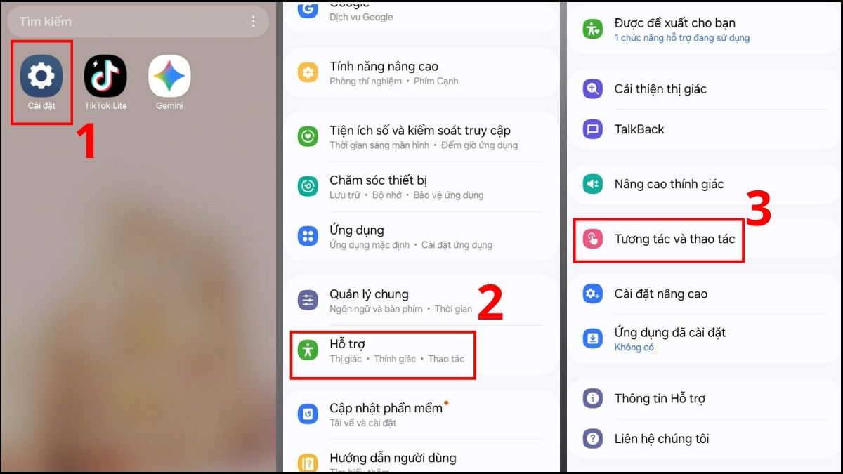 Truy cập vào mục Tương tác và thao tác trong phần Cài đặt