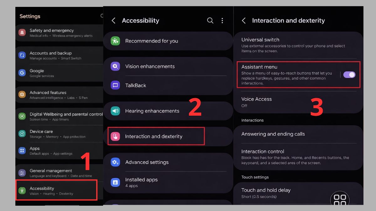 Bật Menu trợ năng trong phần Accessibility