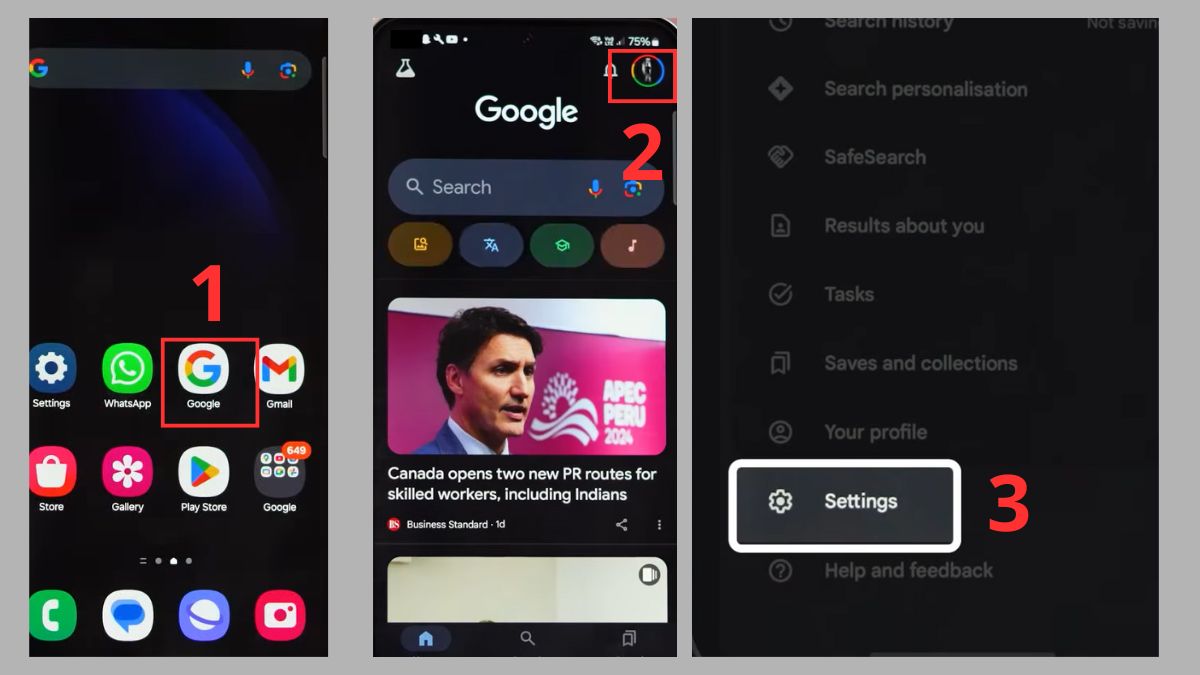 Mở ứng dụng Google và mở phần Settings trong tài khoản Google