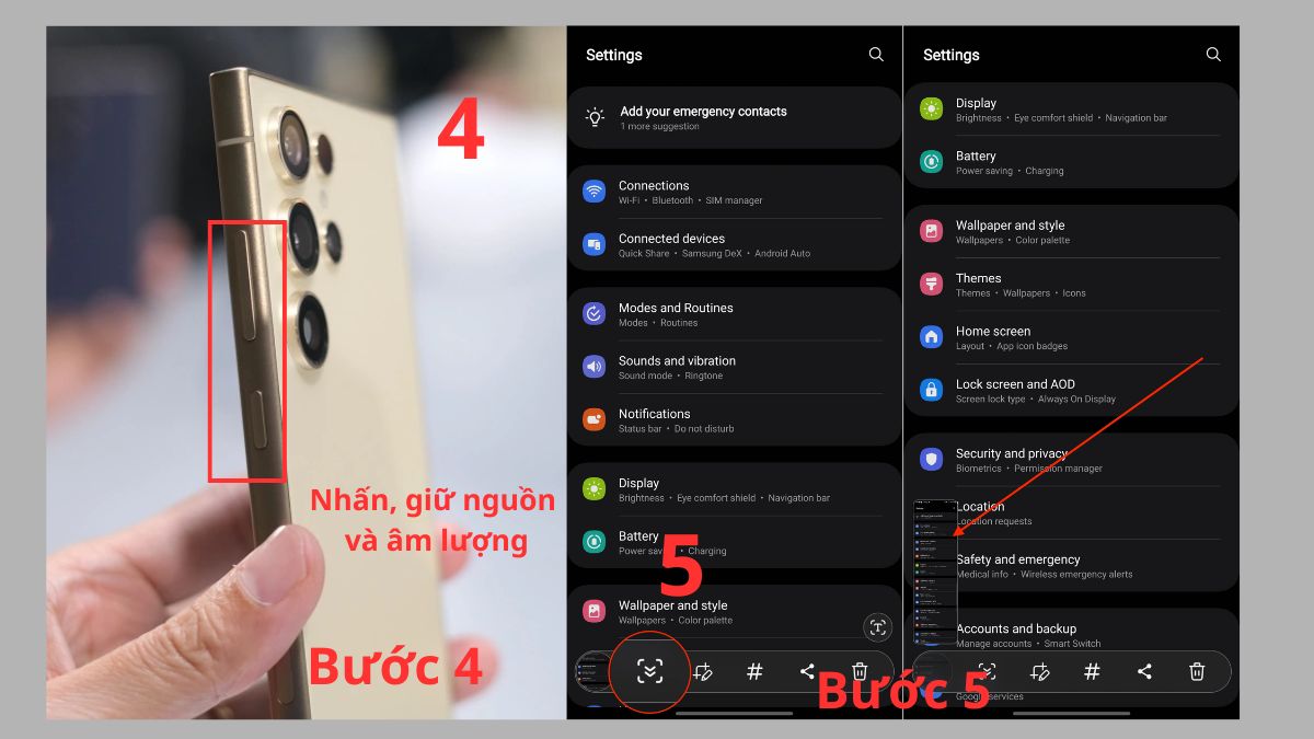 Nhấn giữ nút nguồn và âm lượng để chụp hình cuộn dài