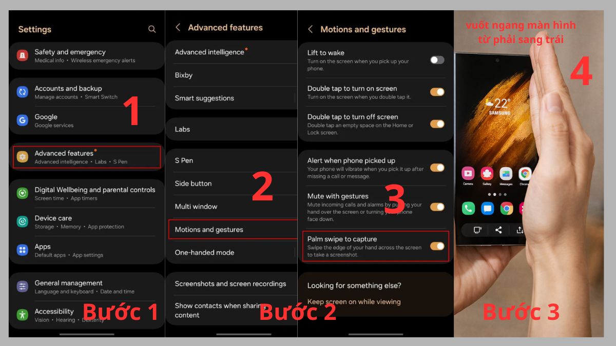 Thao tác chụp màn hình Samsung Galaxy S24 Ultra bằng cử chỉ Vuốt lòng tay