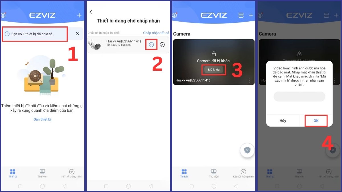 Thao tác nhập mã xác minh cho tài khoản nhận quyền chia sẻ camera EZVIZ