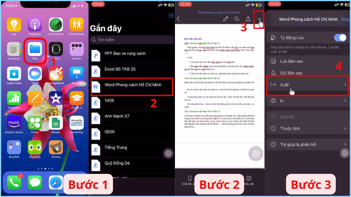 Tìm đến mục Xuất sau khi mở tài liệu trong ứng dụng Tệp