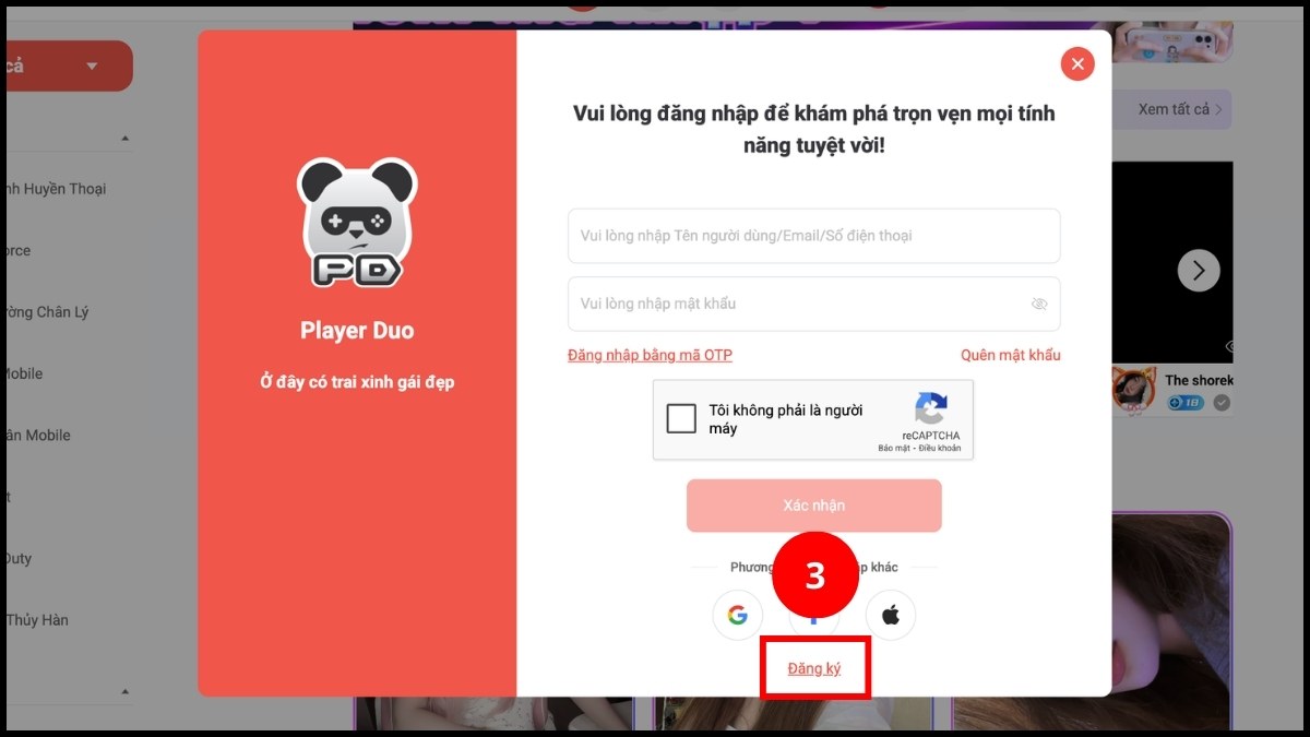 Bấm Đăng ký để tạo tài khoản nhanh chóng