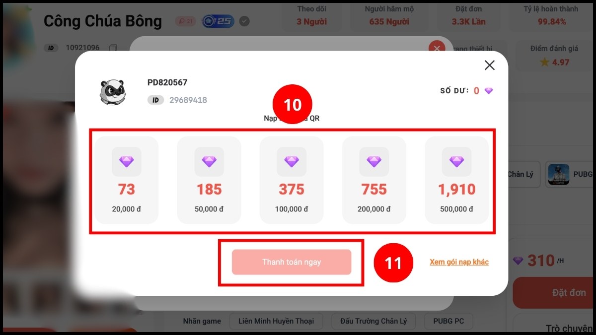 Chọn mức tiền cần nạp và Thanh toán ngay