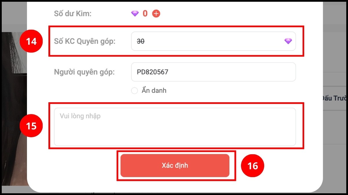 Điền số kim cương bạn muốn donate