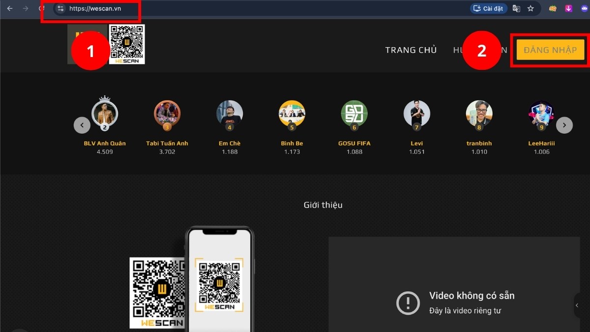 Chọn Đăng Nhập trên web WeScan