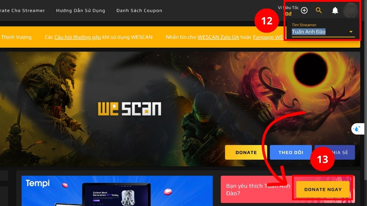 Tìm đến tên streamer yêu thích và nhấn Donate ngay