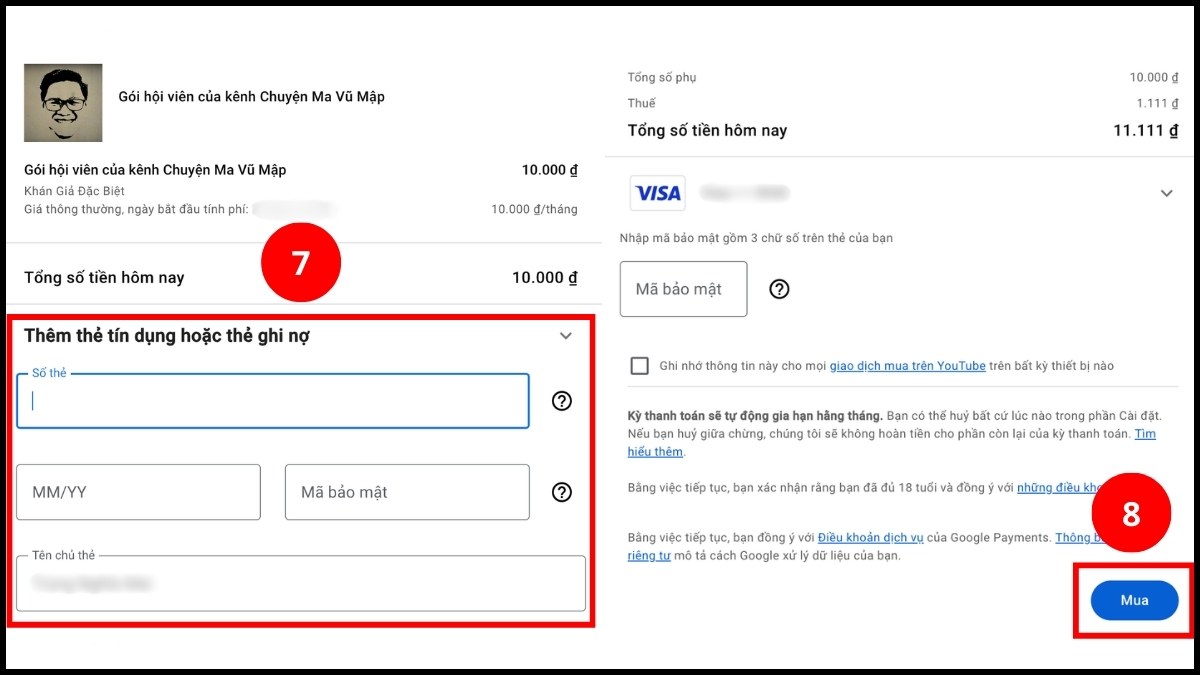 Nhập thông tin thẻ Visa
