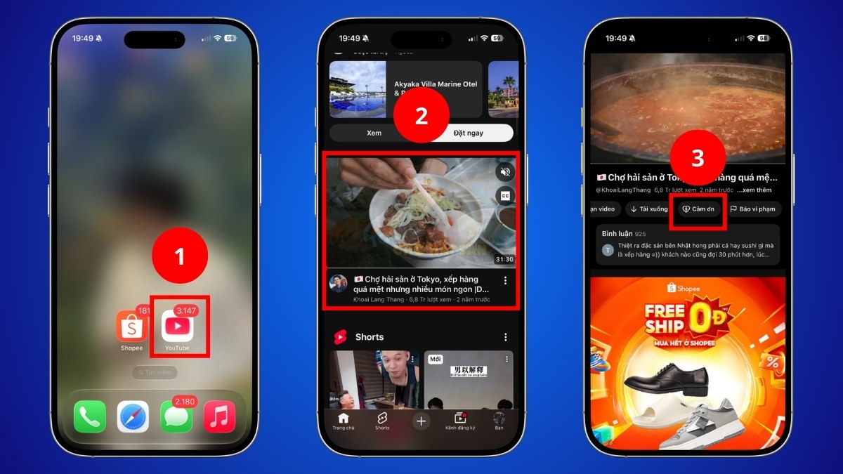 Nhấn biểu tượng Super Thanks để gửi donate YouTube