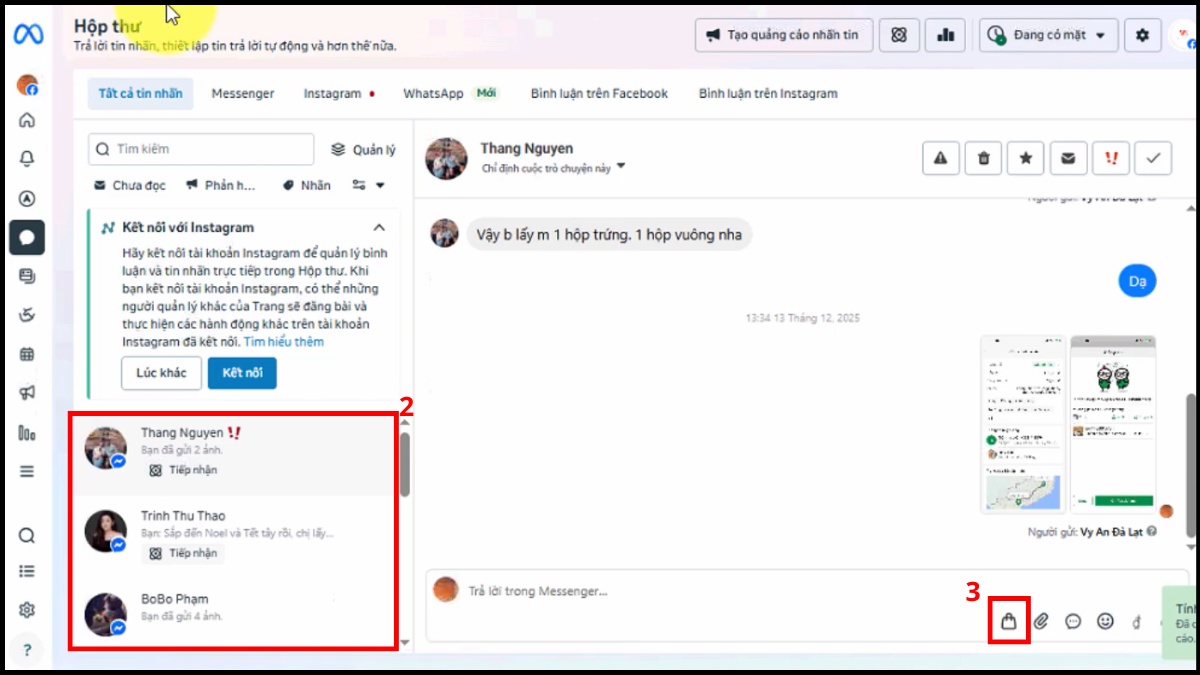 Mở cuộc trò chuyện và nhấn vào biểu tượng giỏ hàng