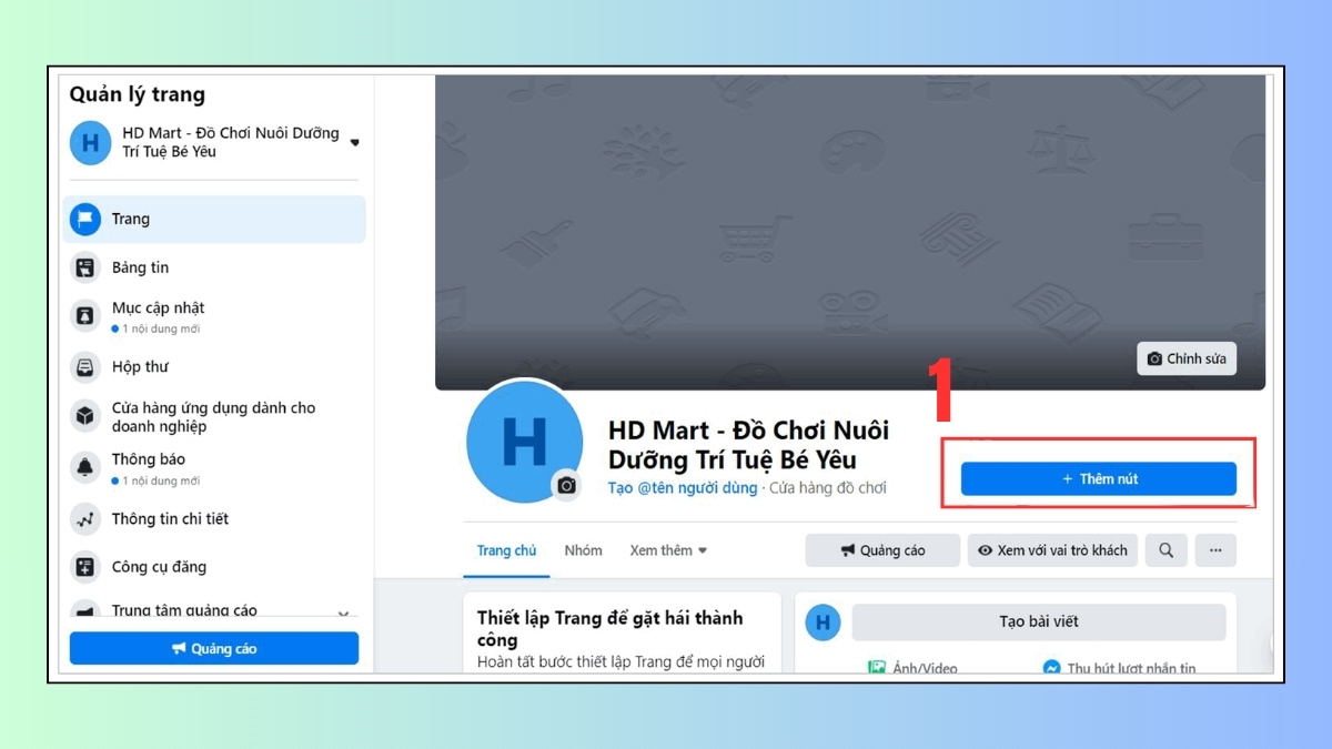 Mở trang Fanpage và nhấn Thêm nút